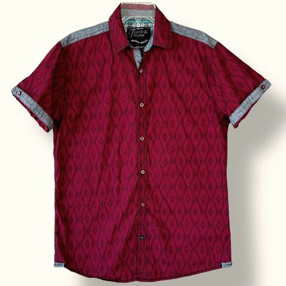 Tranquilty & Mayhem Short Sleeves Button Up Shirt Men Size M Geometric Burgundy - Picture 1 of 13